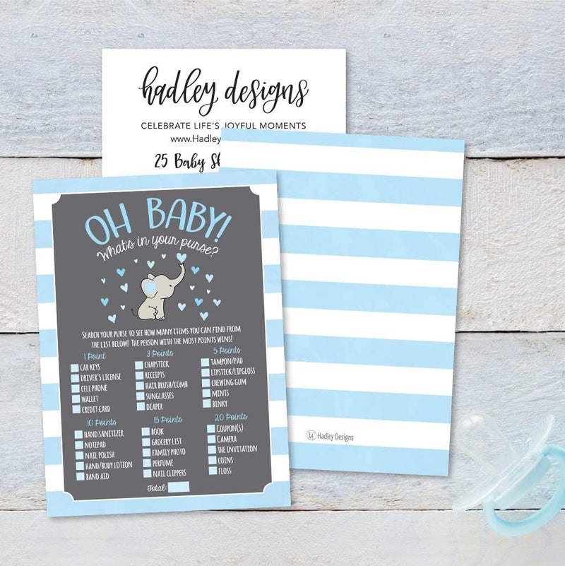 Hadley Designs Baby Shower Games for 25 Guests - Blue Elephant Whats in Your Purse Baby Shower Game Boy, What's in Your Purse Babyshower Games Boy, Made in USA - Image 4